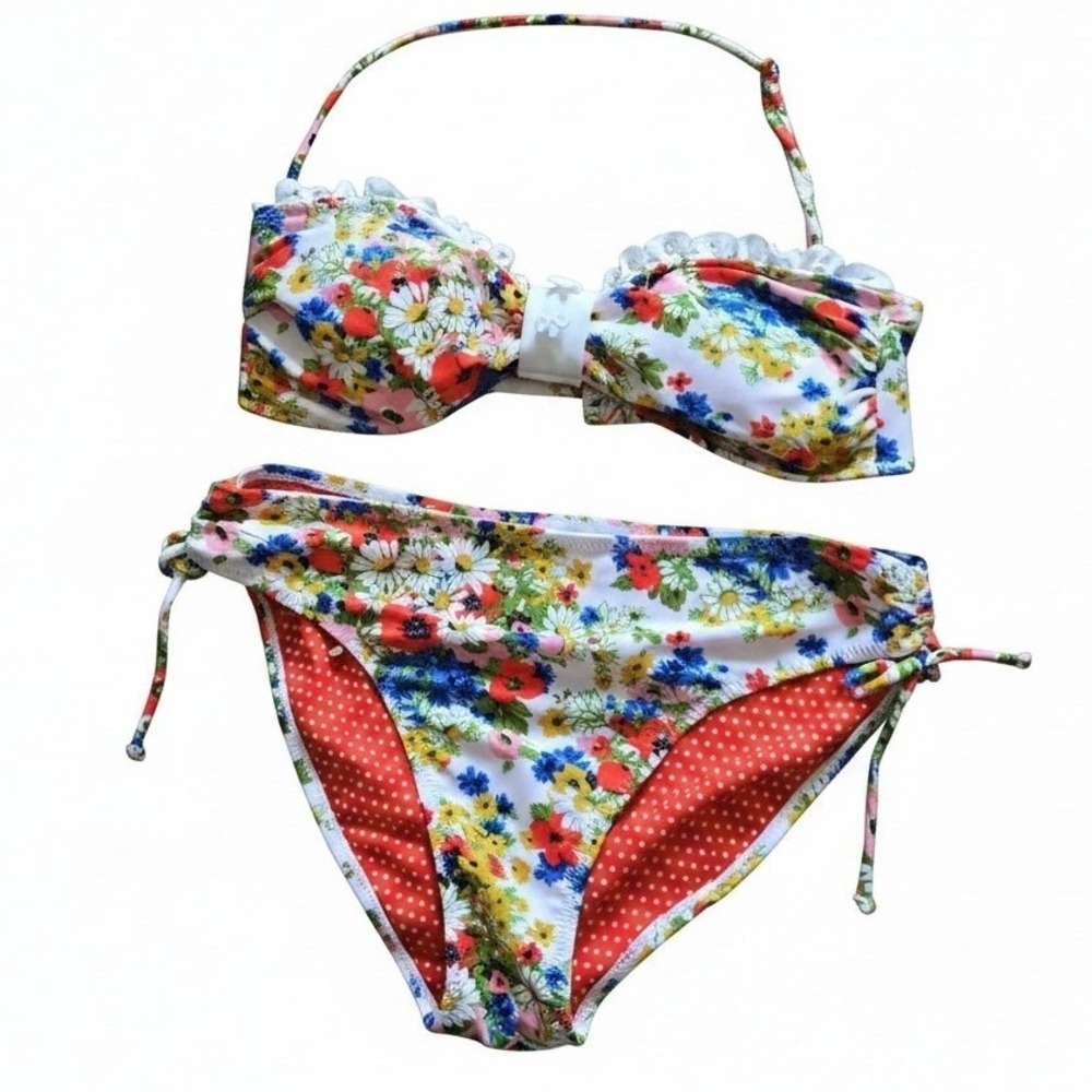 Jessica Simpson‎ Floral Bandeau Bikini Set Side Tie Bottoms White Red Medium